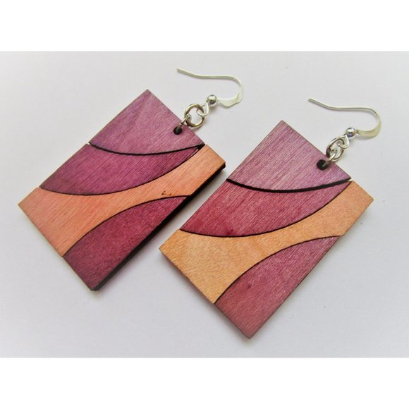 Pink and purple rectangle wooden earring - painted boho earrings stainless posts - Picture 7 of 8